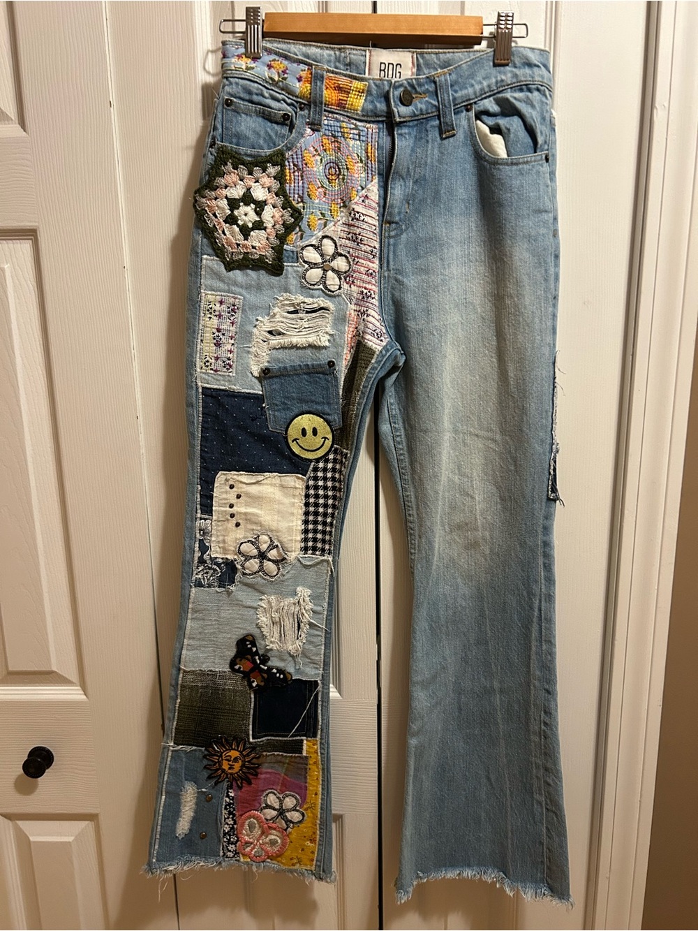 BDG Light Blue Patchwork Flare Jeans with Multicolor Appliqués